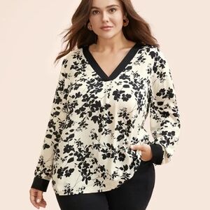 BloomChic Black and Cream Floral V-Neck Top